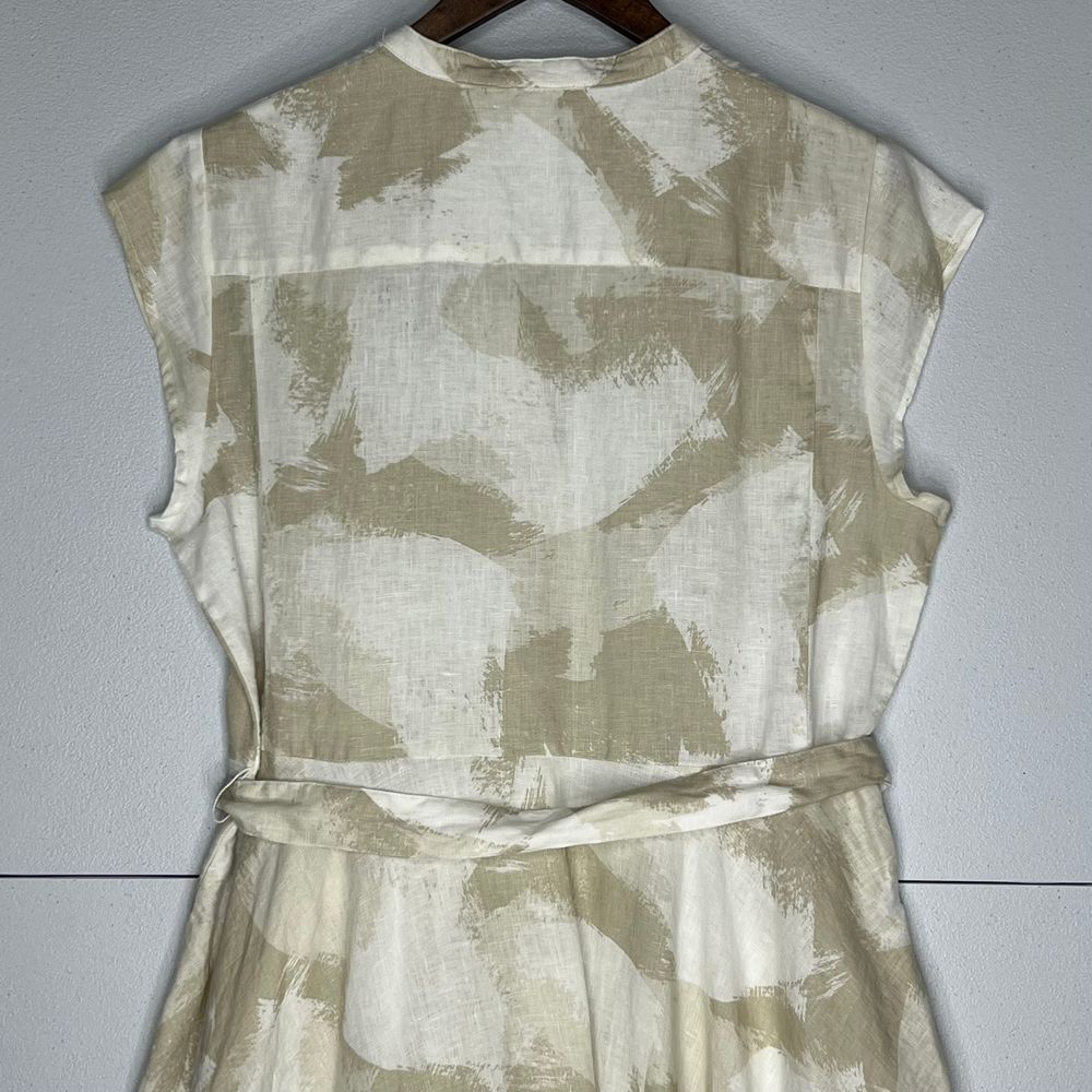 DKNY Dress Linen Tie Waist Beige White‎ Asymmetrical Hem Hidden Button Front 10 - Picture 13 of 14